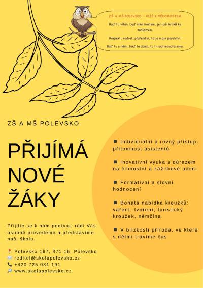 ZŠ a MŠ Polevsko přijímá nové žáky
